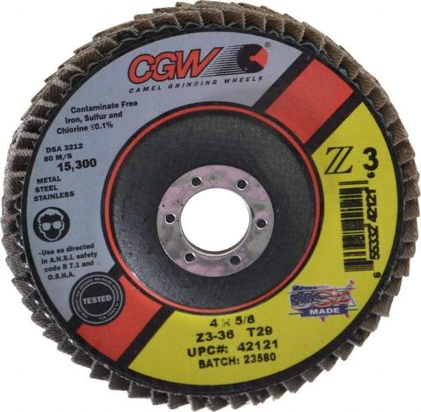 Camel Grinding Wheels - 36 Grit, 4" Disc Diam, 5/8" Center Hole, Type 29 Zirconia Alumina Flap Disc - 15,300 Max RPM, Poly Cotton Backing, Arbor Attaching System, Coated - Caliber Tooling