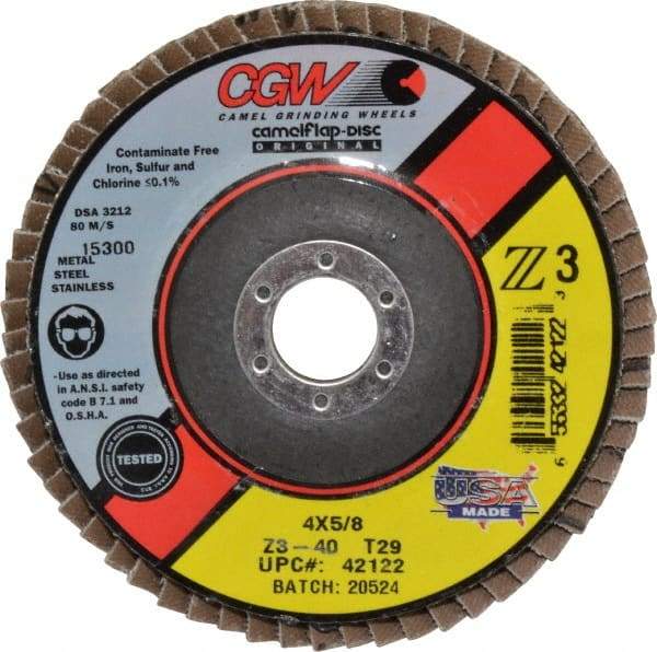 Camel Grinding Wheels - 40 Grit, 4" Disc Diam, 5/8" Center Hole, Type 29 Zirconia Alumina Flap Disc - 15,300 Max RPM, Poly Cotton Backing, Arbor Attaching System, Coated - Caliber Tooling