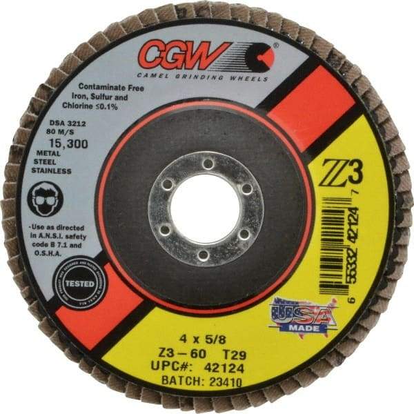 Camel Grinding Wheels - 60 Grit, 4" Disc Diam, 5/8" Center Hole, Type 29 Zirconia Alumina Flap Disc - 15,300 Max RPM, Poly Cotton Backing, Arbor Attaching System, Coated - Caliber Tooling