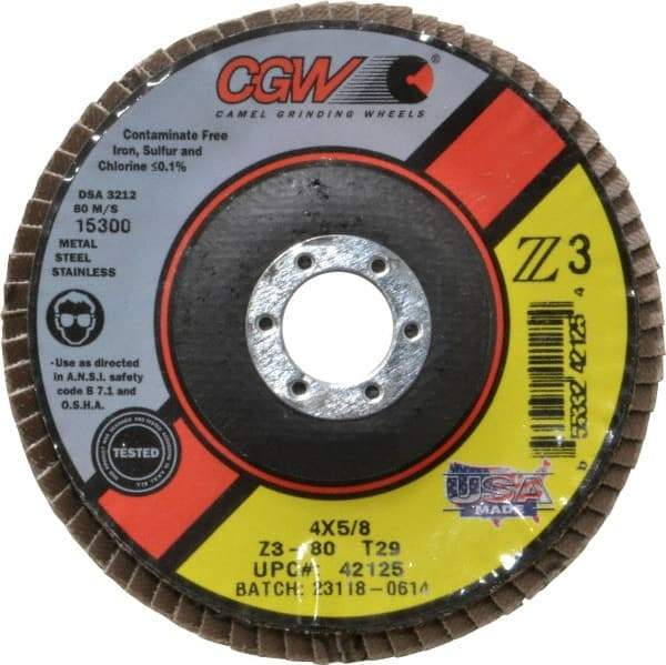 Camel Grinding Wheels - 80 Grit, 4" Disc Diam, 5/8" Center Hole, Type 29 Zirconia Alumina Flap Disc - 15,300 Max RPM, Poly Cotton Backing, Arbor Attaching System, Coated - Caliber Tooling