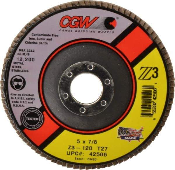 Camel Grinding Wheels - 120 Grit, 5" Disc Diam, 7/8" Center Hole, Type 27 Zirconia Alumina Flap Disc - 12,200 Max RPM, Poly Cotton Backing, Arbor Attaching System, Coated - Caliber Tooling