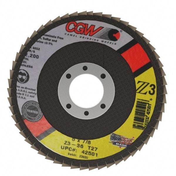 Camel Grinding Wheels - 36 Grit, 5" Disc Diam, 7/8" Center Hole, Type 27 Zirconia Alumina Flap Disc - 12,200 Max RPM, Poly Cotton Backing, Arbor Attaching System, Coated - Caliber Tooling