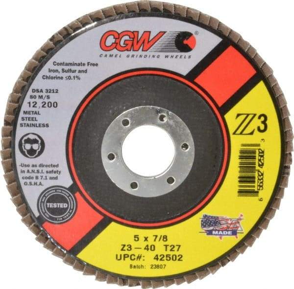 Camel Grinding Wheels - 40 Grit, 5" Disc Diam, 7/8" Center Hole, Type 27 Zirconia Alumina Flap Disc - 12,200 Max RPM, Poly Cotton Backing, Arbor Attaching System, Coated - Caliber Tooling