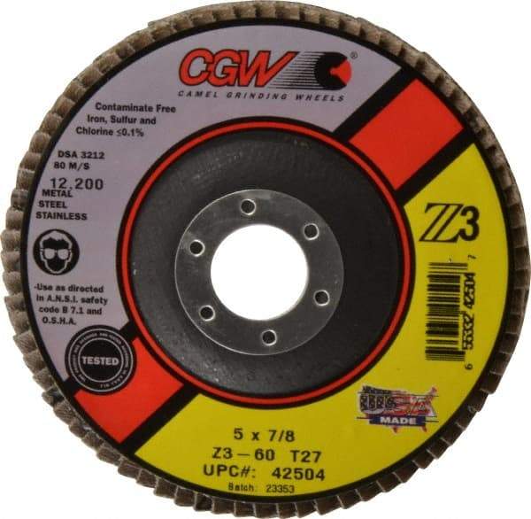 Camel Grinding Wheels - 60 Grit, 5" Disc Diam, 7/8" Center Hole, Type 27 Zirconia Alumina Flap Disc - 12,200 Max RPM, Poly Cotton Backing, Arbor Attaching System, Coated - Caliber Tooling