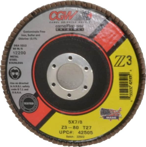 Camel Grinding Wheels - 80 Grit, 5" Disc Diam, 7/8" Center Hole, Type 27 Zirconia Alumina Flap Disc - 12,200 Max RPM, Poly Cotton Backing, Arbor Attaching System, Coated - Caliber Tooling