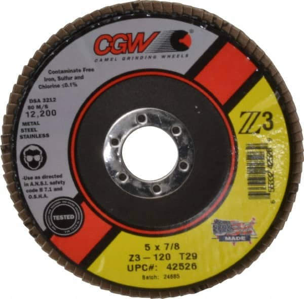 Camel Grinding Wheels - 120 Grit, 5" Disc Diam, 7/8" Center Hole, Type 29 Zirconia Alumina Flap Disc - 12,200 Max RPM, Poly Cotton Backing, Arbor Attaching System, Coated - Caliber Tooling