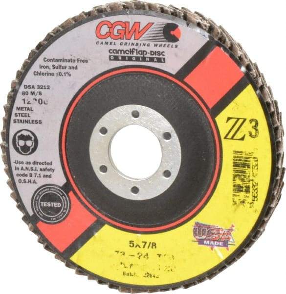 Camel Grinding Wheels - 24 Grit, 5" Disc Diam, 7/8" Center Hole, Type 29 Zirconia Alumina Flap Disc - 12,200 Max RPM, Poly Cotton Backing, Arbor Attaching System, Coated - Caliber Tooling