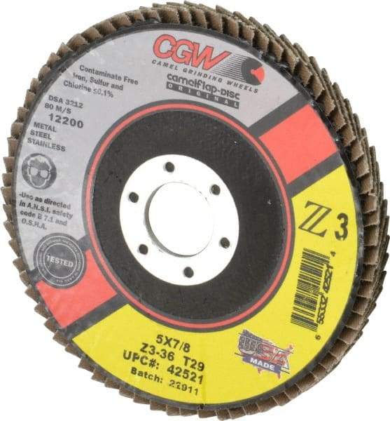 Camel Grinding Wheels - 36 Grit, 5" Disc Diam, 7/8" Center Hole, Type 29 Zirconia Alumina Flap Disc - 12,200 Max RPM, Poly Cotton Backing, Arbor Attaching System, Coated - Caliber Tooling