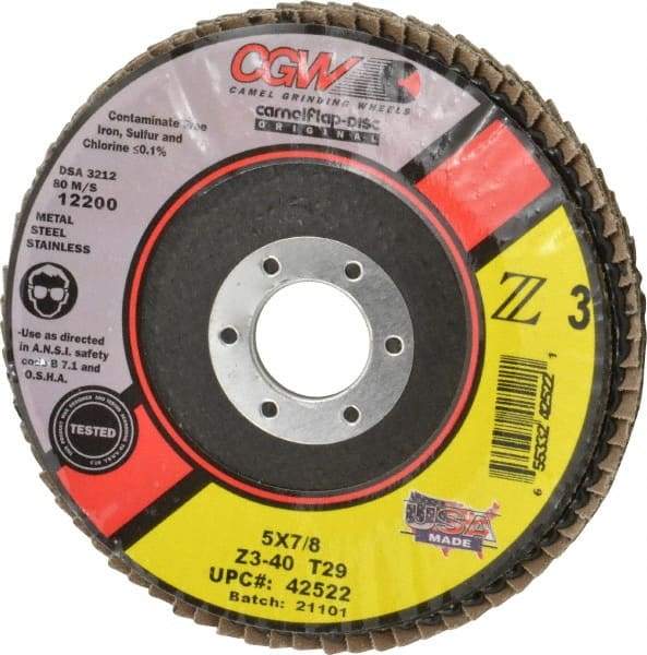 Camel Grinding Wheels - 40 Grit, 5" Disc Diam, 7/8" Center Hole, Type 29 Zirconia Alumina Flap Disc - 12,200 Max RPM, Poly Cotton Backing, Arbor Attaching System, Coated - Caliber Tooling