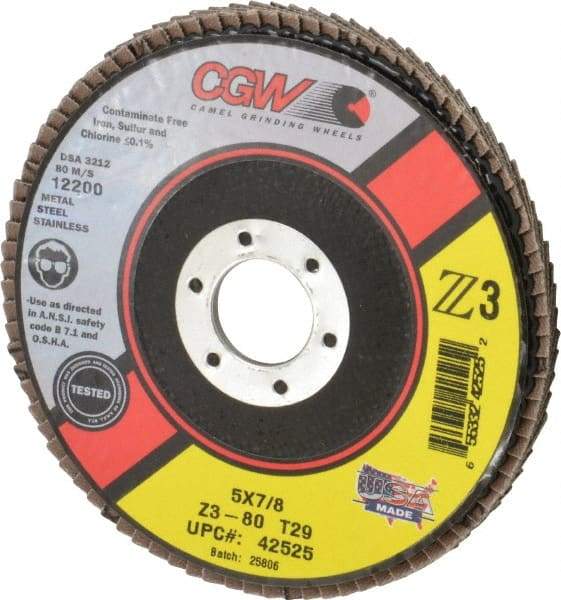 Camel Grinding Wheels - 80 Grit, 5" Disc Diam, 7/8" Center Hole, Type 29 Zirconia Alumina Flap Disc - 12,200 Max RPM, Poly Cotton Backing, Arbor Attaching System, Coated - Caliber Tooling