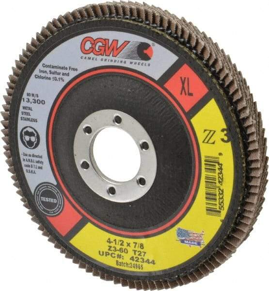 Camel Grinding Wheels - 60 Grit, 4-1/2" Disc Diam, 7/8" Center Hole, Type 27 Zirconia Alumina Flap Disc - 13,300 Max RPM, Poly Cotton Backing, Arbor Attaching System, Coated - Caliber Tooling