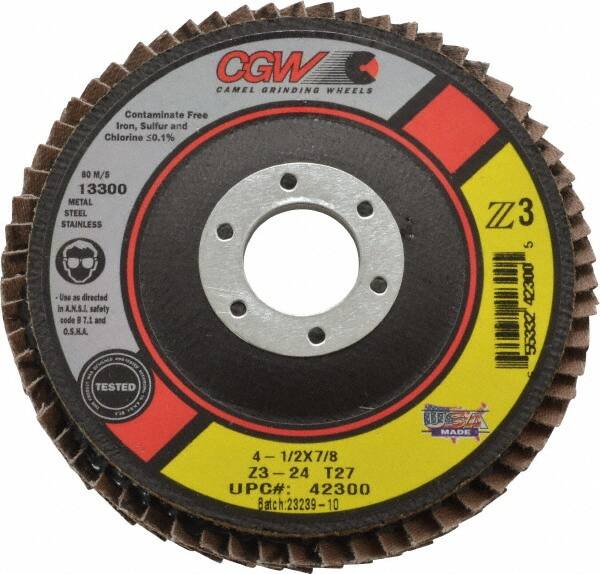 Camel Grinding Wheels - 24 Grit, 4-1/2" Disc Diam, 7/8" Center Hole, Type 27 Zirconia Alumina Flap Disc - 13,300 Max RPM, Poly Cotton Backing, Arbor Attaching System, Coated - Caliber Tooling