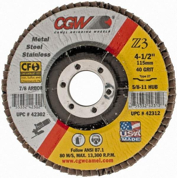 Camel Grinding Wheels - 40 Grit, 4-1/2" Disc Diam, 7/8" Center Hole, Type 27 Zirconia Alumina Flap Disc - 13,300 Max RPM, Poly Cotton Backing, Arbor Attaching System, Coated - Caliber Tooling