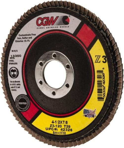 Camel Grinding Wheels - 120 Grit, 4-1/2" Disc Diam, 7/8" Center Hole, Type 29 Zirconia Alumina Flap Disc - 13,300 Max RPM, Poly Cotton Backing, Arbor Attaching System, Coated - Caliber Tooling