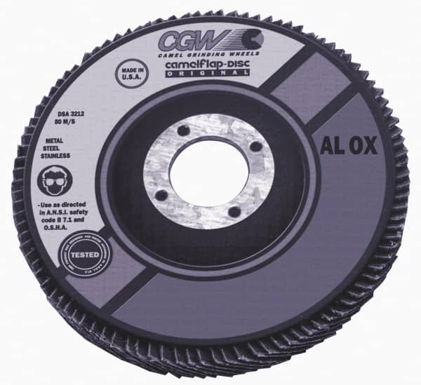 Camel Grinding Wheels - 40 Grit, 4" Disc Diam, 7/8" Center Hole, Type 27 Aluminum Oxide Flap Disc - 15,300 Max RPM, Polyester Backing, Arbor Attaching System, Coated - Caliber Tooling