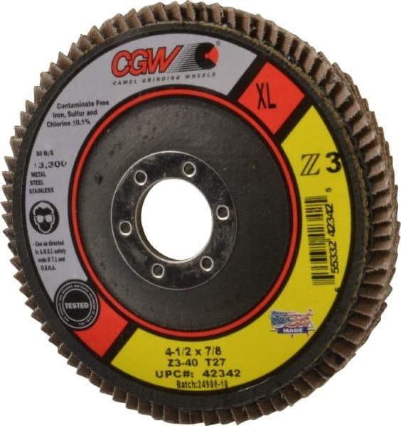 Camel Grinding Wheels - 40 Grit, 4-1/2" Disc Diam, 7/8" Center Hole, Type 27 Zirconia Alumina Flap Disc - 13,300 Max RPM, Poly Cotton Backing, Arbor Attaching System, Coated - Caliber Tooling