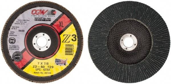 Camel Grinding Wheels - 60 Grit, 7" Disc Diam, 7/8" Center Hole, Type 29 Zirconia Alumina Flap Disc - 8,600 Max RPM, Poly Cotton Backing, Arbor Attaching System, Coated - Caliber Tooling