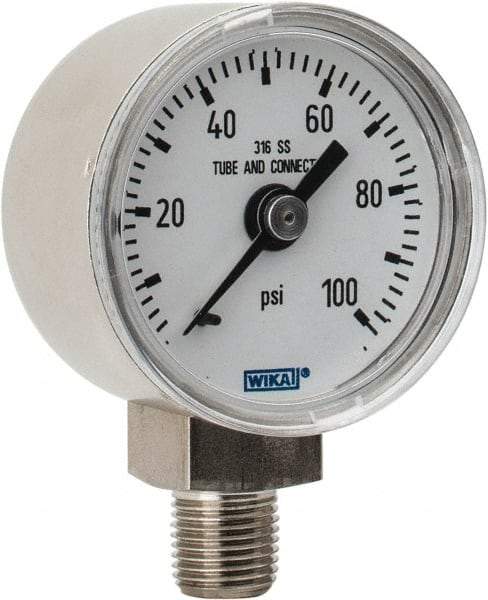 Wika - 1-1/2" Dial, 1/8 Thread, 0-100 Scale Range, Pressure Gauge - Lower Connection Mount, Accurate to 2.5% of Scale - Caliber Tooling