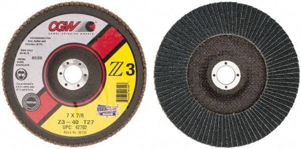 Camel Grinding Wheels - 40 Grit, 7" Disc Diam, 7/8" Center Hole, Type 27 Zirconia Alumina Flap Disc - 8,600 Max RPM, Poly Cotton Backing, Arbor Attaching System, Coated - Caliber Tooling