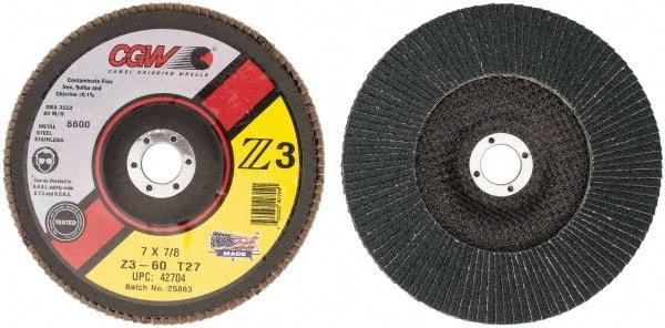 Camel Grinding Wheels - 60 Grit, 7" Disc Diam, 7/8" Center Hole, Type 27 Zirconia Alumina Flap Disc - 8,600 Max RPM, Poly Cotton Backing, Arbor Attaching System, Coated - Caliber Tooling