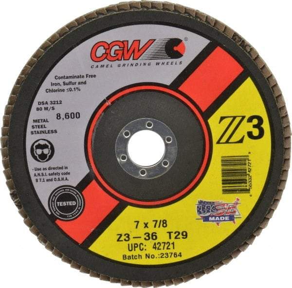 Camel Grinding Wheels - 36 Grit, 7" Disc Diam, 7/8" Center Hole, Type 29 Zirconia Alumina Flap Disc - 8,600 Max RPM, Poly Cotton Backing, Arbor Attaching System, Coated - Caliber Tooling