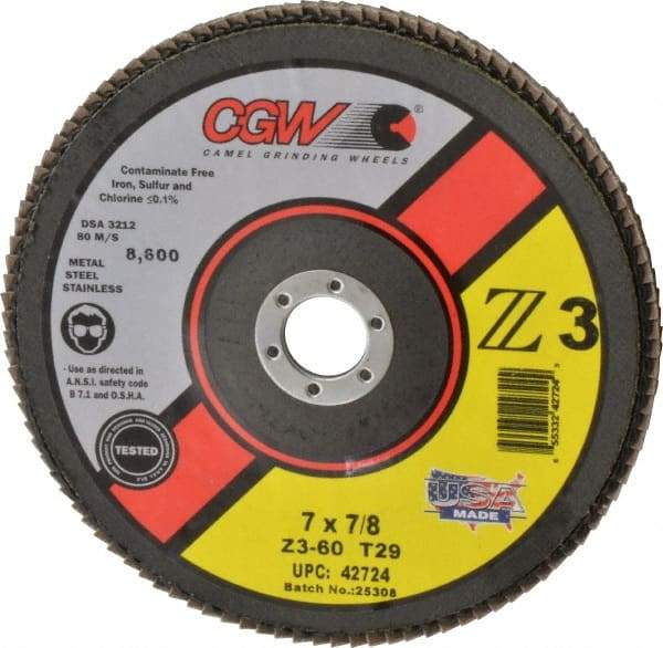 Camel Grinding Wheels - 60 Grit, 7" Disc Diam, 7/8" Center Hole, Type 29 Zirconia Alumina Flap Disc - 8,600 Max RPM, Poly Cotton Backing, Arbor Attaching System, Coated - Caliber Tooling