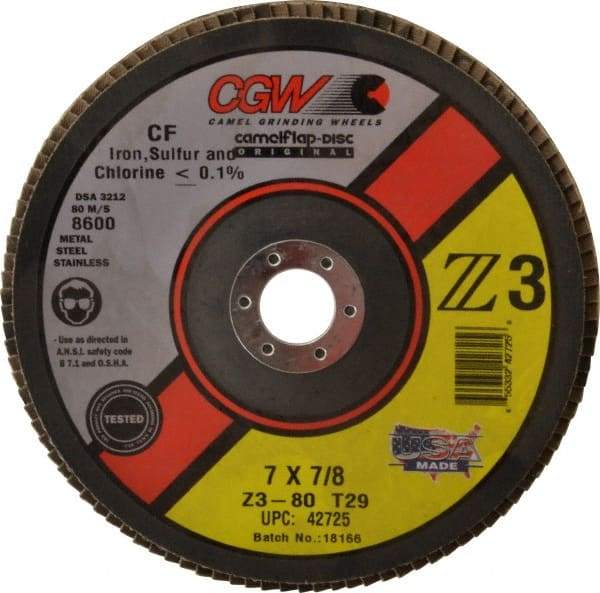 Camel Grinding Wheels - 80 Grit, 7" Disc Diam, 7/8" Center Hole, Type 29 Zirconia Alumina Flap Disc - 8,600 Max RPM, Poly Cotton Backing, Arbor Attaching System, Coated - Caliber Tooling