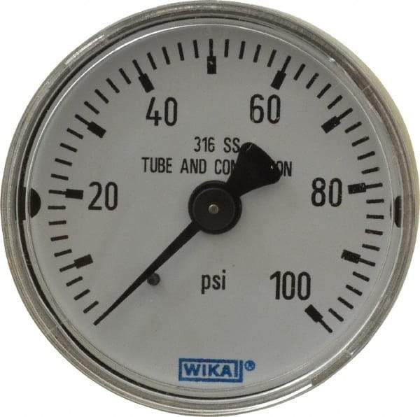 Wika - 2" Dial, 1/4 Thread, 0-100 Scale Range, Pressure Gauge - Center Back Connection Mount, Accurate to 2.5% of Scale - Caliber Tooling