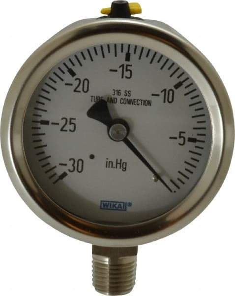 Wika - 2-1/2" Dial, 1/4 Thread, 30-0 Scale Range, Pressure Gauge - Lower Connection Mount, Accurate to 1.5% of Scale - Caliber Tooling