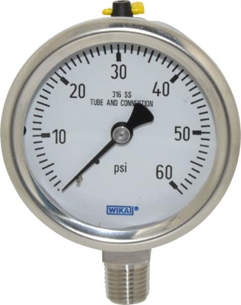 Wika - 2-1/2" Dial, 1/4 Thread, 0-60 Scale Range, Pressure Gauge - Lower Connection Mount, Accurate to 1.5% of Scale - Caliber Tooling