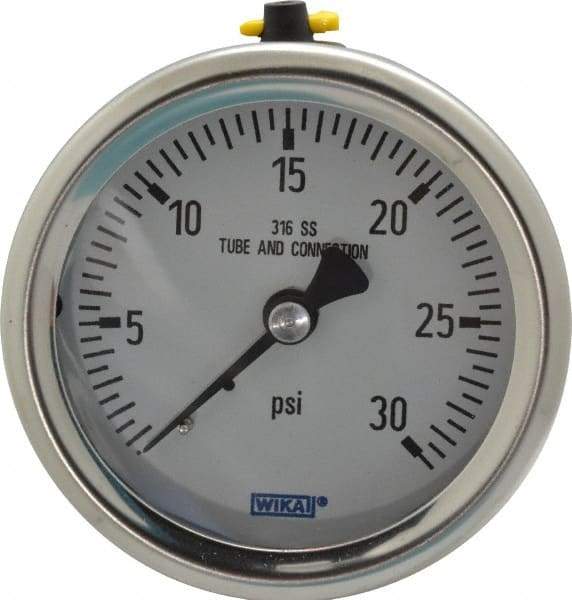 Wika - 2-1/2" Dial, 1/4 Thread, 0-30 Scale Range, Pressure Gauge - Center Back Connection Mount, Accurate to 1.5% of Scale - Caliber Tooling