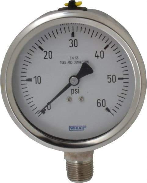 Wika - 4" Dial, 1/2 Thread, 0-60 Scale Range, Pressure Gauge - Lower Connection Mount, Accurate to 1% of Scale - Caliber Tooling