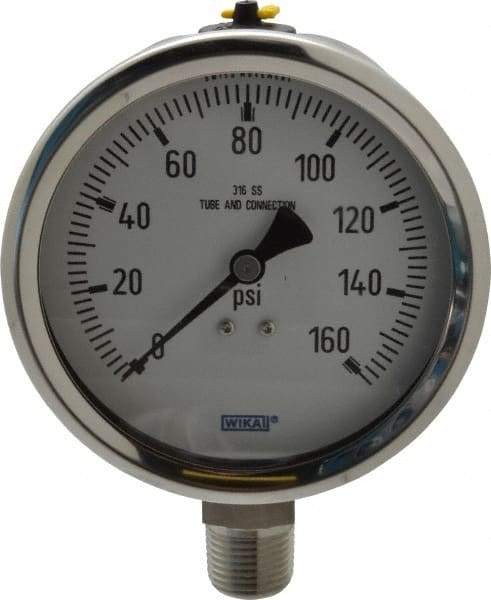 Wika - 4" Dial, 1/2 Thread, 0-160 Scale Range, Pressure Gauge - Lower Connection Mount, Accurate to 1% of Scale - Caliber Tooling