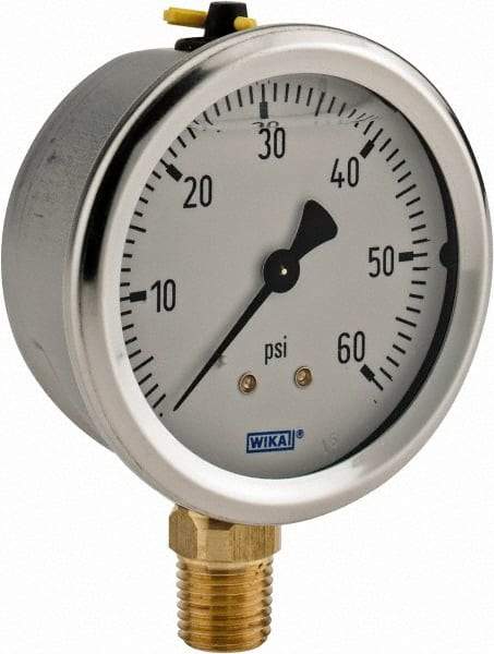 Wika - 2-1/2" Dial, 1/4 Thread, 0-60 Scale Range, Pressure Gauge - Lower Connection Mount, Accurate to 1.5% of Scale - Caliber Tooling