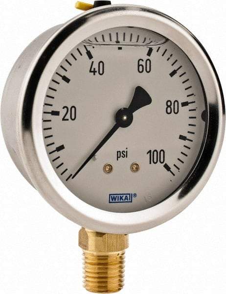 Wika - 2-1/2" Dial, 1/4 Thread, 0-100 Scale Range, Pressure Gauge - Lower Connection Mount, Accurate to 2-1-2% of Scale - Caliber Tooling