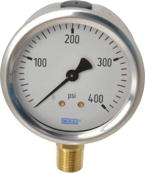 Wika - 2-1/2" Dial, 1/4 Thread, 0-400 Scale Range, Pressure Gauge - Lower Connection Mount, Accurate to 1.5% of Scale - Caliber Tooling