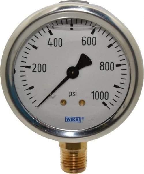 Wika - 2-1/2" Dial, 1/4 Thread, 0-1,000 Scale Range, Pressure Gauge - Lower Connection Mount, Accurate to 1.5% of Scale - Caliber Tooling