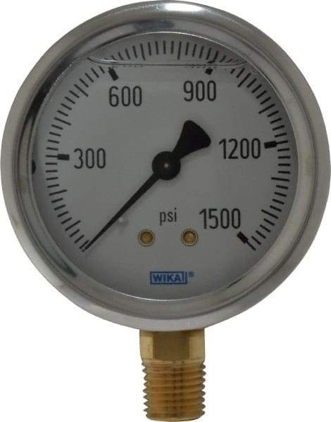 Wika - 2-1/2" Dial, 1/4 Thread, 0-1,500 Scale Range, Pressure Gauge - Lower Connection Mount, Accurate to 1.5% of Scale - Caliber Tooling