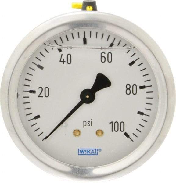 Wika - 2-1/2" Dial, 1/4 Thread, 0-100 Scale Range, Pressure Gauge - Center Back Connection Mount, Accurate to 1.5% of Scale - Caliber Tooling