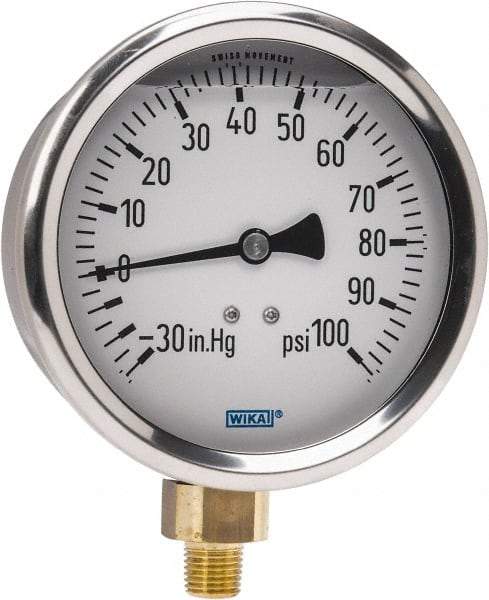 Wika - 4" Dial, 1/4 Thread, 30-0-100 Scale Range, Pressure Gauge - Lower Connection Mount, Accurate to 1% of Scale - Caliber Tooling