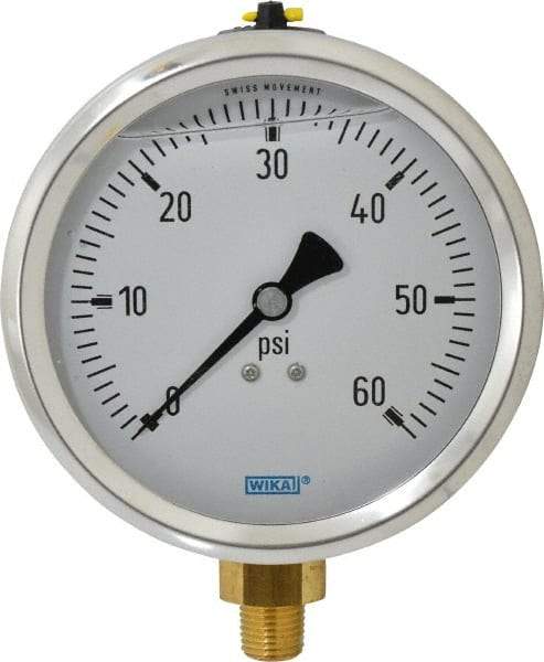 Wika - 4" Dial, 1/4 Thread, 0-60 Scale Range, Pressure Gauge - Lower Connection Mount, Accurate to 1% of Scale - Caliber Tooling