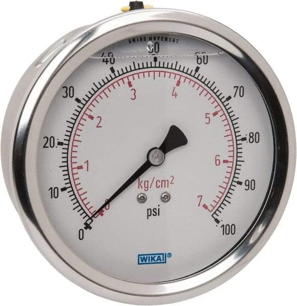 Wika - 4" Dial, 1/4 Thread, 0-100 Scale Range, Pressure Gauge - Lower Back Connection Mount, Accurate to 1% of Scale - Caliber Tooling