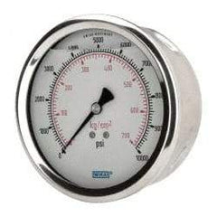 Wika - 4" Dial, 1/4 Thread, 0-10,000 Scale Range, Pressure Gauge - Lower Back Connection Mount, Accurate to 1% of Scale - Caliber Tooling