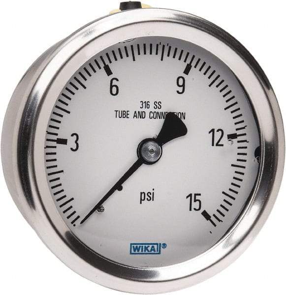 Wika - 2-1/2" Dial, 1/4 Thread, 0-15 Scale Range, Pressure Gauge - Center Back Connection Mount, Accurate to 1.5% of Scale - Caliber Tooling