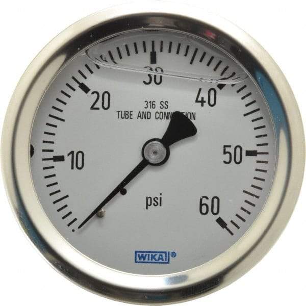 Wika - 2-1/2" Dial, 1/4 Thread, 0-60 Scale Range, Pressure Gauge - Center Back Connection Mount, Accurate to 1.5% of Scale - Caliber Tooling