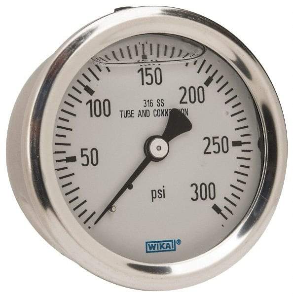 Wika - 2-1/2" Dial, 1/4 Thread, 0-300 Scale Range, Pressure Gauge - Center Back Connection Mount, Accurate to 1.5% of Scale - Caliber Tooling