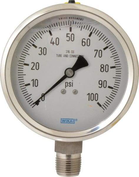 Wika - 4" Dial, 1/2 Thread, 0-100 Scale Range, Pressure Gauge - Lower Connection Mount, Accurate to 1% of Scale - Caliber Tooling