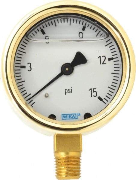 Wika - 2-1/2" Dial, 1/4 Thread, 0-15 Scale Range, Pressure Gauge - Lower Connection Mount, Accurate to 1.5% of Scale - Caliber Tooling