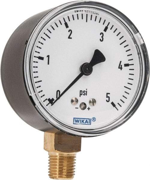 Wika - 2-1/2" Dial, 1/4 Thread, 0-5 Scale Range, Pressure Gauge - Lower Connection Mount, Accurate to 1.5% of Scale - Caliber Tooling