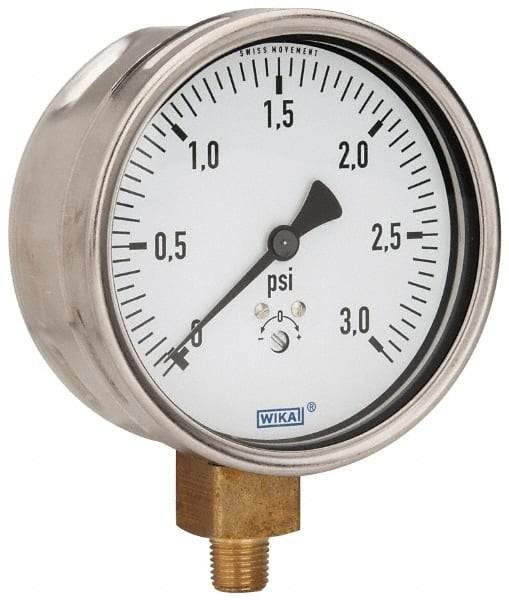 Wika - 4" Dial, 1/4 Thread, 0-3 Scale Range, Pressure Gauge - Lower Connection Mount, Accurate to 1.5% of Scale - Caliber Tooling